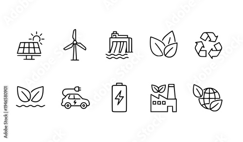 A set of eco-friendly icons representing sustainable energy and environmental conservation
