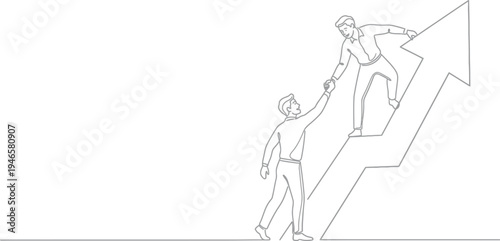 Two businessmen climbing up a large arrow with one helping the other