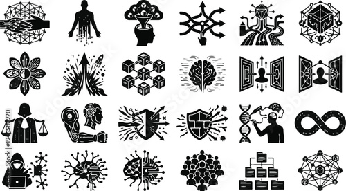 Modern black and white vector icons for cybersecurity data science and future innovation
