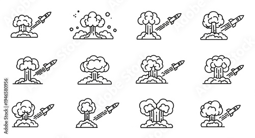 Collection of missile launch and nuclear explosion icons.
