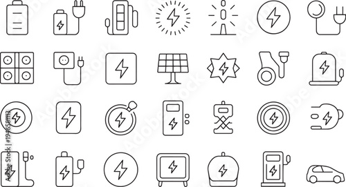 Collection of flat design energy and technology icons isolated on transparent background