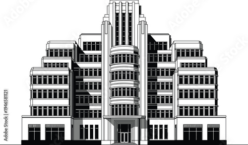 Modern corporate office building facade, symmetrical architecture design, urban commercial headquarters exterior, contemporary glass windows structure, professional business center illustration