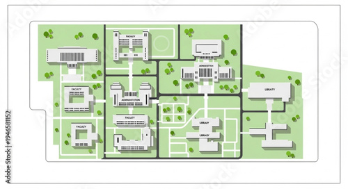 Aerial view of a modern university campus layout with buildings and pathways.