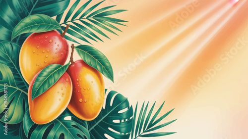 Vibrant tropical greeting card template with ripe mangoes and lush green leaves on a sunny orange background with rays of light