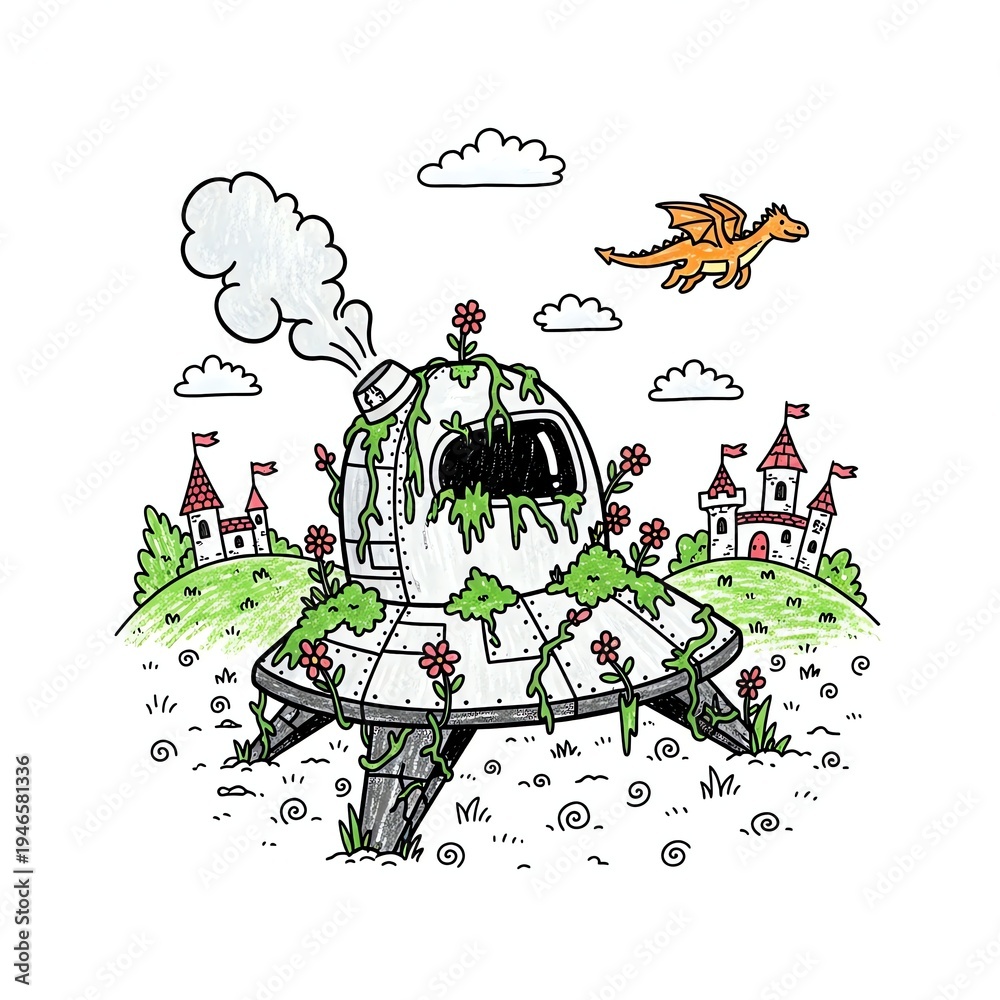 Fototapeta premium Fantasy Landscape with Crashed Spaceship and Dragon.