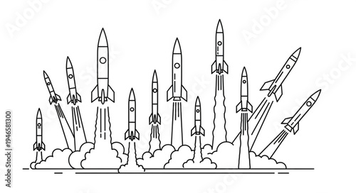 Multiple rockets launching into the sky with smoke and fire.