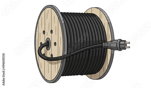 A vector graphic illustration of a black electrical cable on a wooden spool
