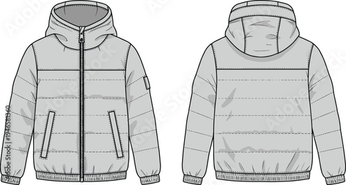 Hooded puffer jacket sketch, technical fashion drawing, front and back view, quilted panels, zipper closure, elastic cuffs, patch detail