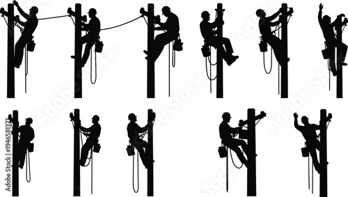 Electric lineman climbing utility pole, power line maintenance worker silhouettes, electrical technician repair process, utility pole climbing sequence, safety work illustration vector