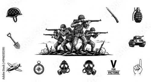 Military soldiers in action with weapons and equipment illustration.