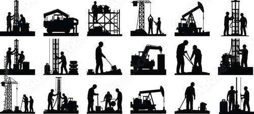 Oil industry and construction worker silhouettes set, drilling rig, pumpjack, crane and excavator operators with machinery, industrial workforce vector illustration collection