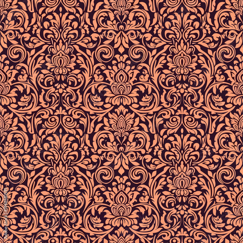 Ornate classic wallpaper pattern featuring elegant damask florals and decorative botanical scrolls