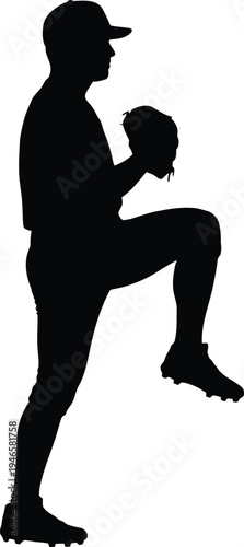 Baseball player in pitching stance with glove on one knee