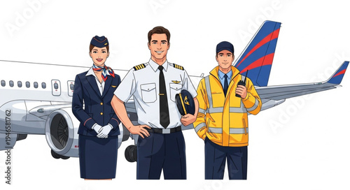 Airline Crew in Uniforms Standing.