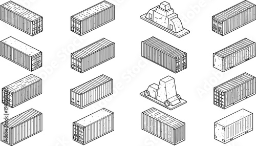 Isometric shipping containers and industrial equipment, logistics illustration set, cargo infrastructure icons, global trade vector, supply chain graphics