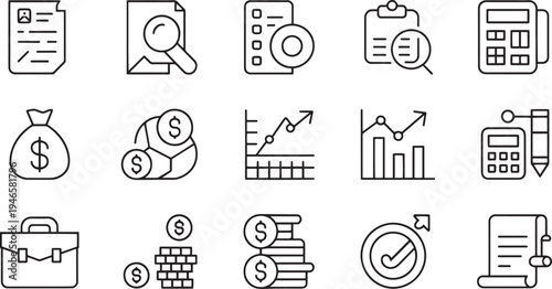 Collection of flat design financial and business icons isolated on transparent background