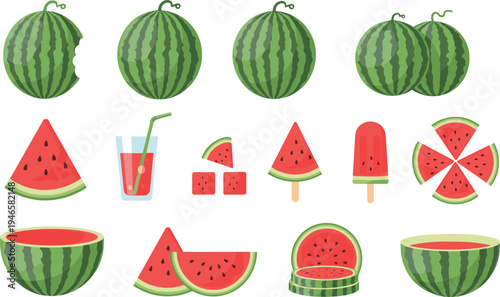 Watermelon fruit collection with whole sliced juice and popsicle refreshing summer food vector illustration set