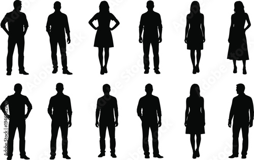 Black silhouette illustration of twelve human figures in male and female forms, ideal for design concepts, gender representation, posture analysis, and visual art projects