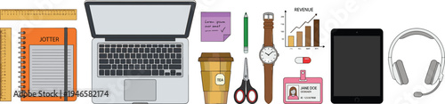 Modern workspace desk items illustration with laptop, tablet, notebook, coffee cup, office tools, business accessories flat vector collection