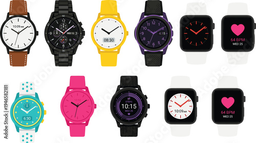 Modern smartwatch and wristwatch collection vector illustration, wearable technology devices, digital fitness tracker watches set isolated design