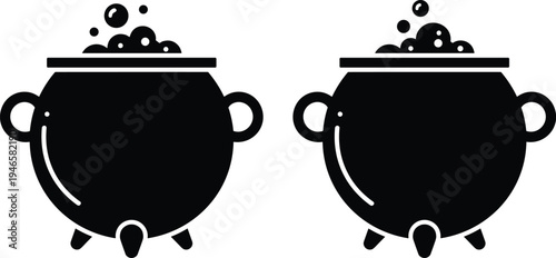 Black silhouette illustration of two bubbling cauldrons with handles and legs, perfect for cooking, magic, Halloween themes, fantasy art, and decorative design projects