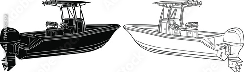 Center console sportfishing boat vector silhouette and line art illustration set with outboard motor and T-top roof for nautical marine design projects and fishing graphics.