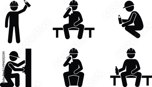 Construction worker silhouettes with hard hats performing various activities, hydration and work postures illustration, industrial safety concept for labor, workplace design, and occupational themes