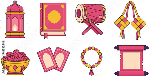 Islamic Ramadan celebration icon set with lantern Quran drum ketupat prayer beads and traditional decorations vector illustration