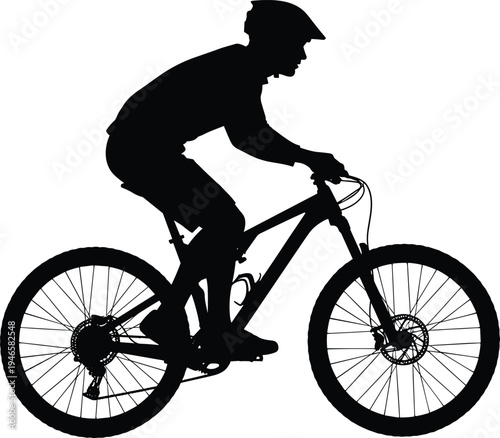 Mountain biker cycling silhouette illustration, man riding bicycle outdoor sport activity, black vector cyclist isolated on white background