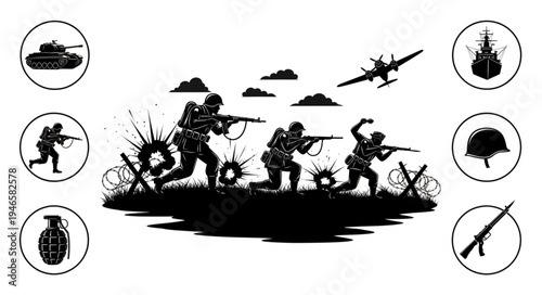 Silhouette soldiers in battle with military equipment and aircraft.