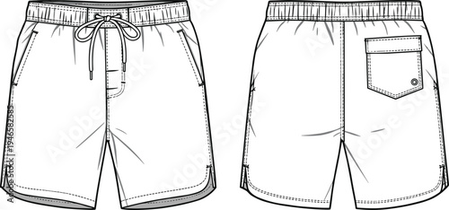 Men’s swim trunks technical flat sketch, board shorts front and back view, fashion apparel design, elastic waistband, pockets, stitching details, vector illustration