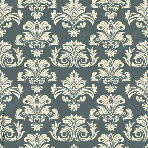 Decorative classic wallpaper featuring elegant baroque damask florals and symmetrical botanical shapes