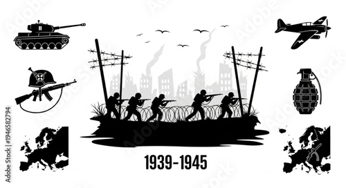 World War II historical illustration with soldiers and military equipment.