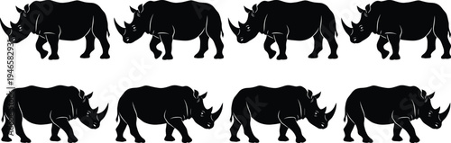 Rhinoceros silhouettes in walking stance, repeated animal pattern illustration, wildlife design concept for nature themes, counting exercises, and creative graphic projects