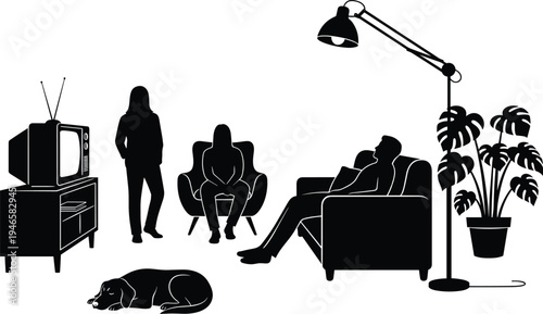 Family living room silhouette scene with television, sofa, people relaxing, dog sleeping, houseplant and floor lamp interior illustration