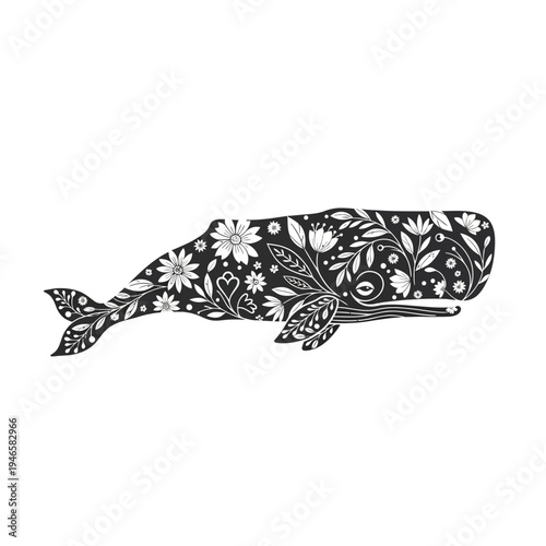 Black and white whale illustration art.