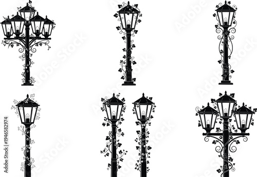 Ornate street lamps, vine-covered poles, silhouette design, garden lighting, decorative lanterns, vintage lamp post, artistic infrastructure, nature blend, scrollwork detail, outdoor elegance