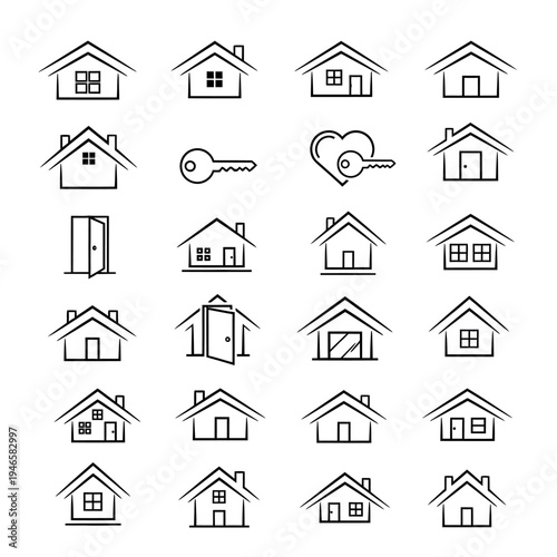 Black line icons of houses and keys.