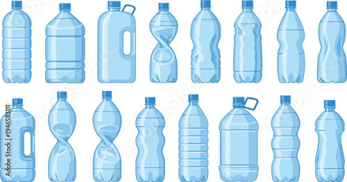 Plastic water bottle collection with different reusable and disposable bottle shapes hydration container vector illustration set
