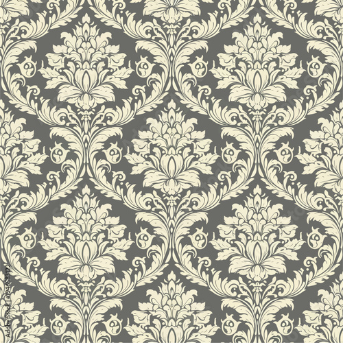 Elegant antique wallpaper pattern featuring baroque damask florals and decorative symmetrical scroll elements