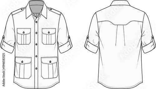 Men’s short sleeve utility shirt, front and back view, buttoned chest pockets, epaulets, rolled sleeves, pleated back, garment sketch, apparel template