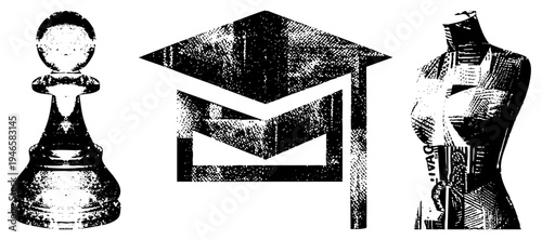 Black and white halftone vector chess pawn, graduation cap, fashion mannequin, stylized educational and gaming symbols, isolated graphic elements.