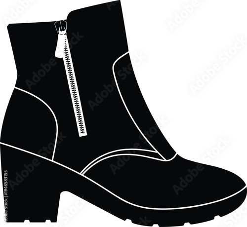 Silhouette illustration of heeled ankle boot with side zipper, block heel fashion footwear design, stylish tread sole, modern shoe accessory graphic art