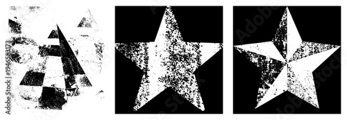 Distressed star shapes with halftone texture, abstract geometric forms, retro graphic elements, vector art,, gritty visual style.
