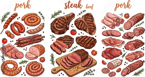 Pork sausage and beef steak meat collection illustration, butcher cuts, grilled steak, deli meats vector food set
