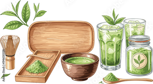 Matcha green tea preparation set with whisk bowl powder bamboo tray iced drinks and jar hand drawn vector illustration