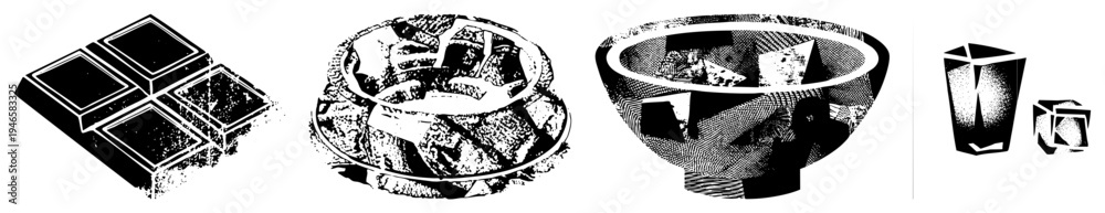 Obraz premium Cracked chocolate bars, shattered bowl, abstract cubes, halftone vector, isolated dessert, minimalist design
