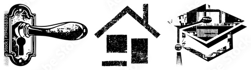 Ornate door handle with keyhole, simple house silhouette, academic cap with tassel, vector, flat design, isolated symbols.