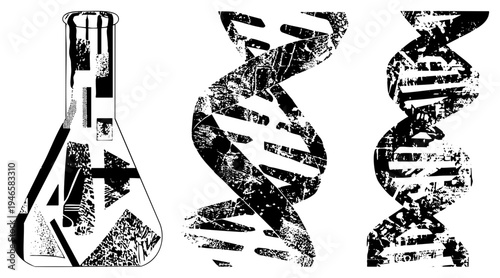 Black and white vector illustration of lab flask and DNA strands with distressed textures, scientific symbols, biochemistry, academic research visuals.