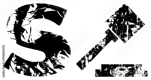 Distressed typography letter S and hammer symbol, stencil style, graphic design elements, vector cutout, gritty texture, bold.